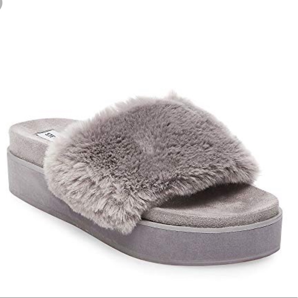 Steve Madden Platform Furry Grey Slippers